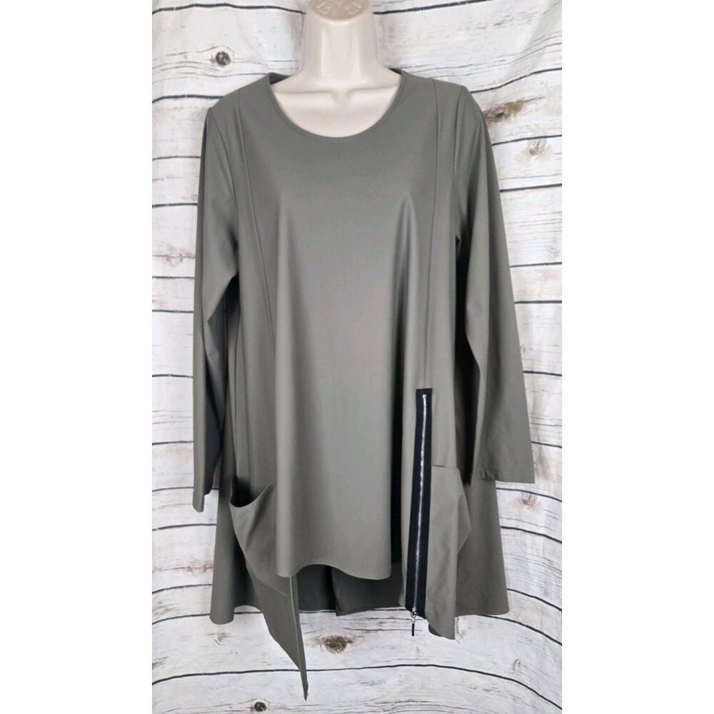 Jason by Comfy USA Olive Tunic Top M Nylon Blend Asymmetrical Zip Lagenlook